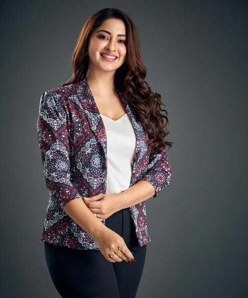 Black, White And Red Printed Blazer