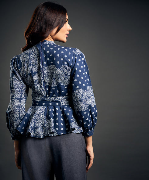 Blue And White Printed Peplum Top
