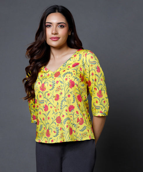 Yellow Printed Half Sleeve Vneck Top