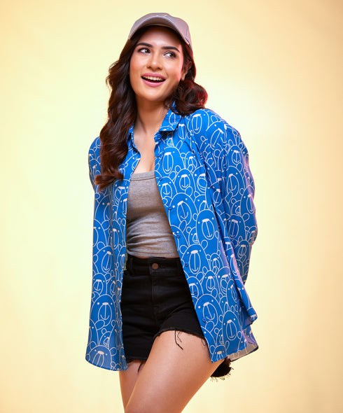 Oversized Chiffon Blue Bear Printed Shirt