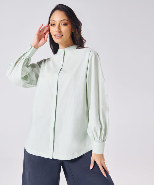 Mandarin Collar Cotton Oversized Shirt- Pastel Green