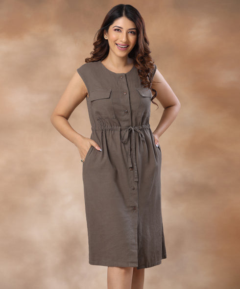 Front Buttoned Linen Round Neck Dress