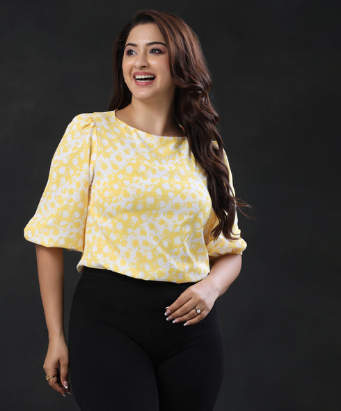 Half Sleeve Detailed Printed Yellow Top