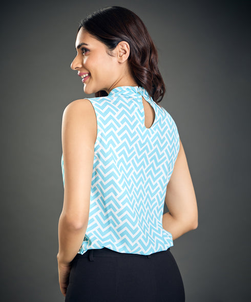 Neck Tie Sleeveless Sky Blue Top