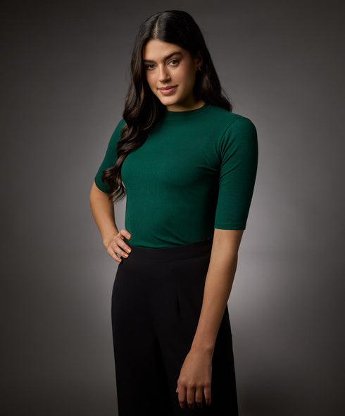 Short Sleeve High Neck Rib Top-Dark Green