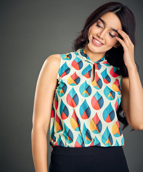 Twisted Neck Sleeveless Green Printed Top