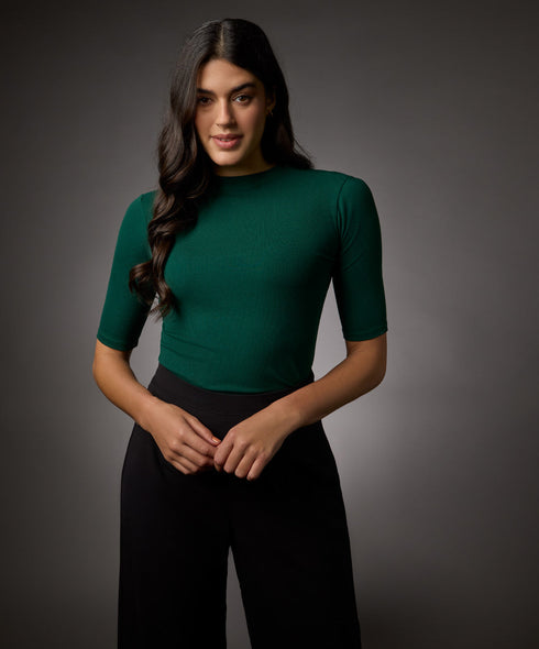 Short Sleeve High Neck Rib Top-Dark Green