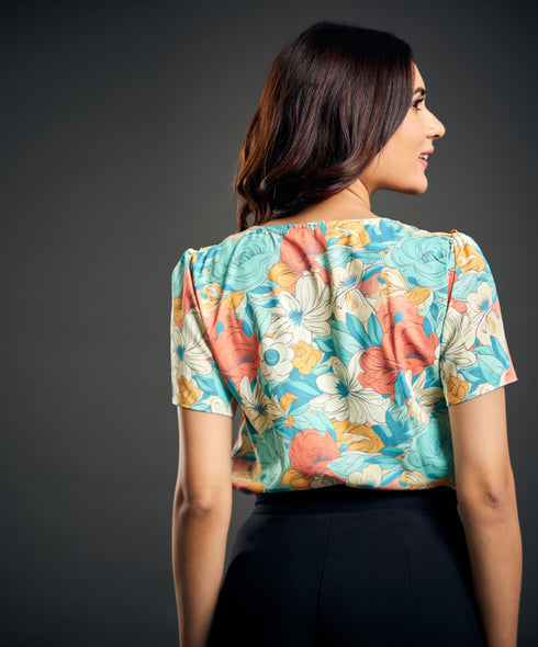 Vneck Shoulder Buttoned Green Top