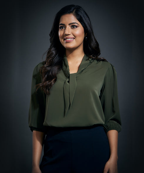 Deep Neck Bow Tie Chiffon Top-Dark Green