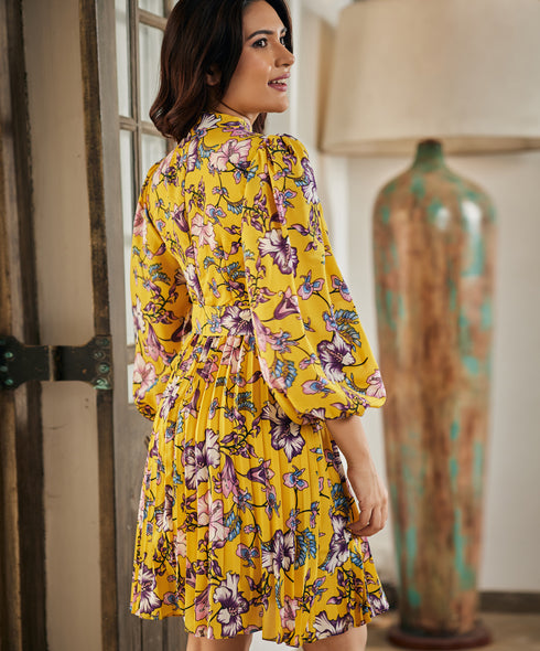 Floral Mock Neck Tie Waist Dress