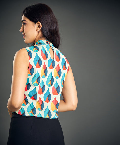 Twisted Neck Sleeveless Green Printed Top