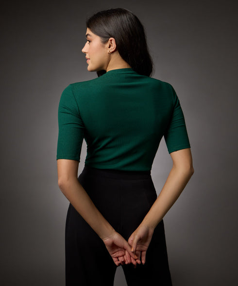 Short Sleeve High Neck Rib Top-Dark Green
