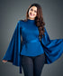 Trumpet Sleeve Dark Blue Satin Blouse