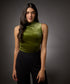 High Neck Sleeveless Velvet Top- Moss Green