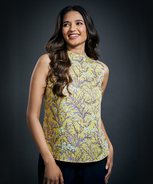 Sleeveless Printed Satin Top-Yellow Print