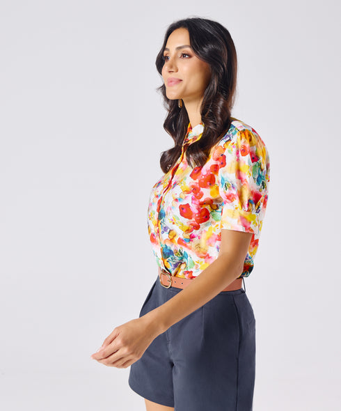 Short Sleeve Classic Collar Printed Top