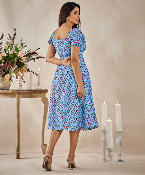 Front Knot Bust Split Blue Dress