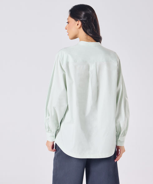 Mandarin Collar Cotton Oversized Shirt- Pastel Green