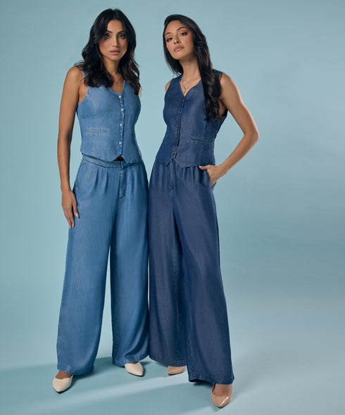 Flared Leg Washed Tencel Dark Blue Pant