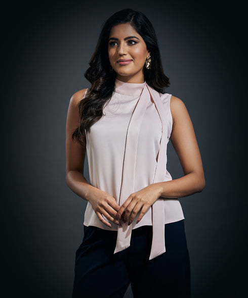 Neck Bow Tie Sleeveless Top-Pink