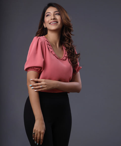 Vneck Frilled Half Sleeve Pink Top