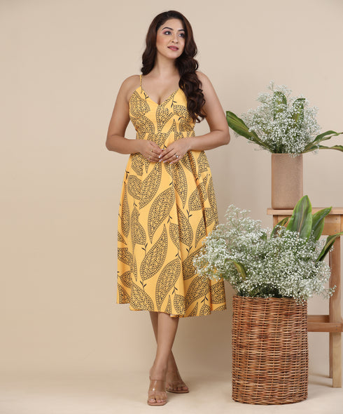 Mustard Printed Chiffon Dress