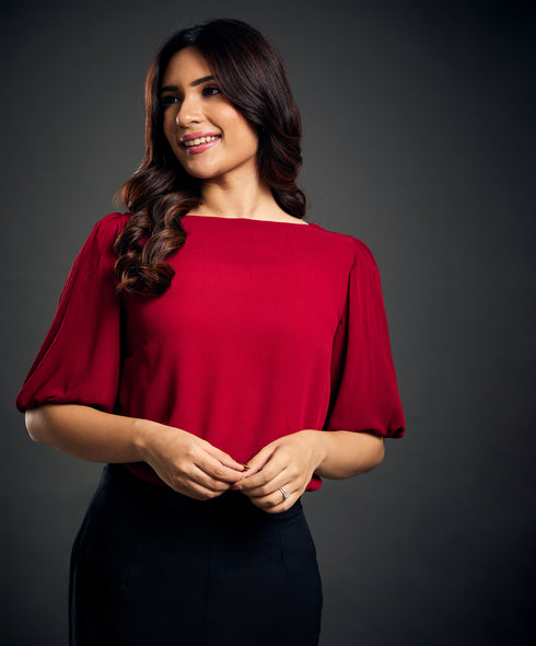 Sleeve Gathered Crepe Red Top