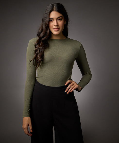 Long Sleeve Round Neck Rib Top- Khaki Green