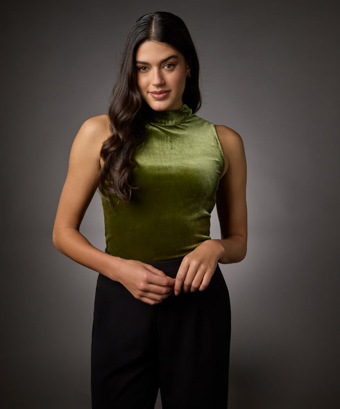 High Neck Sleeveless Velvet Top- Moss Green