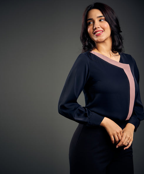 Contrast Panel Long Sleeve Chiffon Top