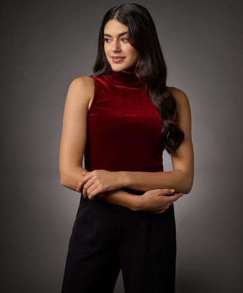High Neck Sleeveless Velvet Top- Maroon