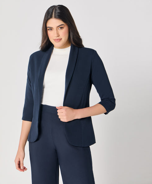 Curved Label Collared Classic Jacket- Navy Blue