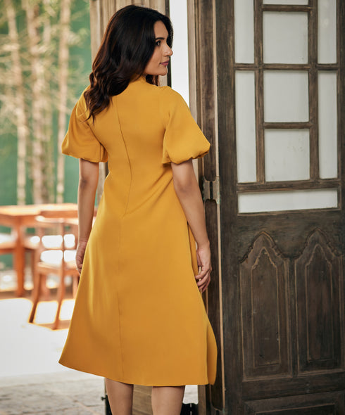 Balloon Sleeve High Neck Mustard Dress