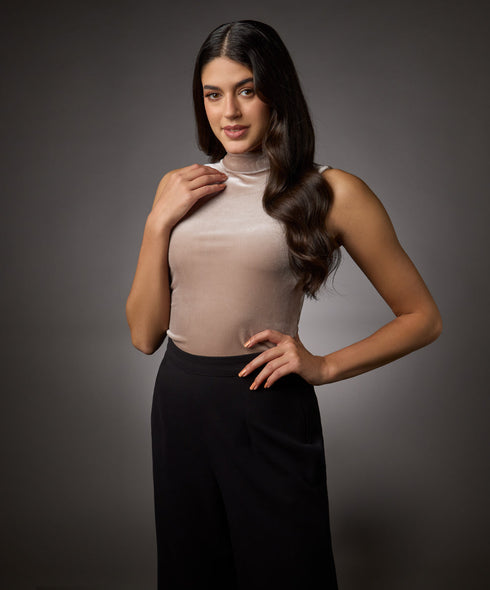 High Neck Sleeveless Velvet Top- Beige