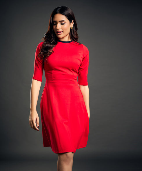 Neck Contrast A-line Red Dress