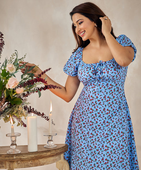 Front Knot Bust Split Blue Dress