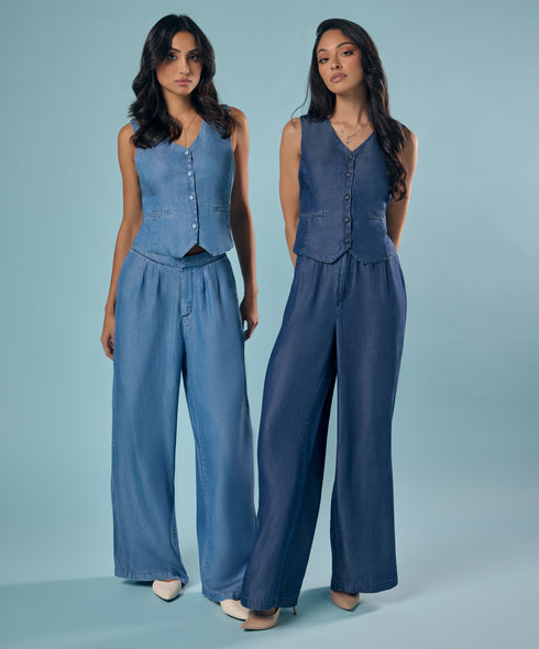 Flared Leg Washed Tencel Dark Blue Pant