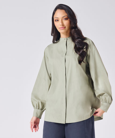 Mandarin Collar Cotton Oversized Shirt- Light Grey