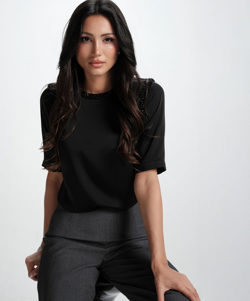 Neck And Arm Hole Beaded Chiffon Top-Black