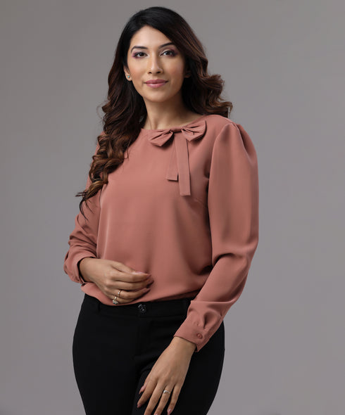 Front Bow Neck Detailed Brown Top