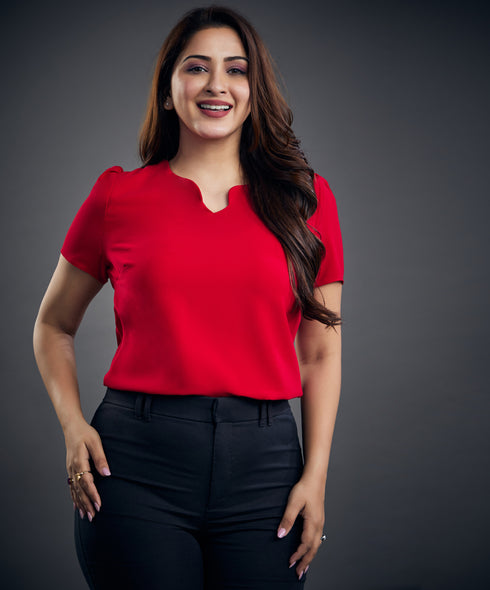 Neck Detailed Short Sleeve Red Top