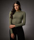 Long Sleeve Round Neck Rib Top- Khaki Green