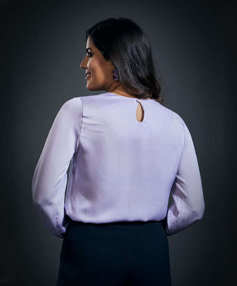 Long Sleeve Crepe Satin Top-Light Blue