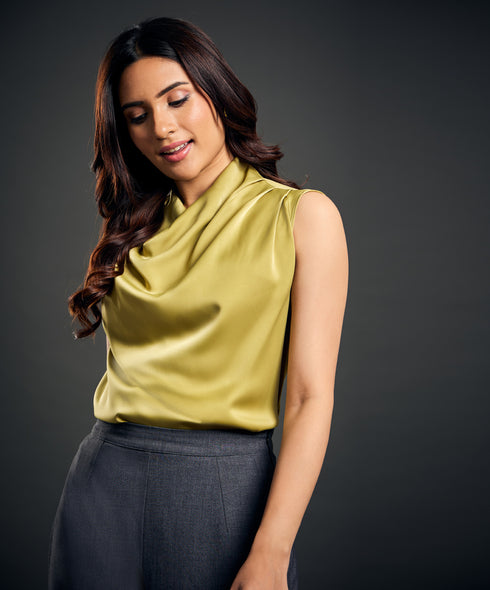 Cowl Neck Sleeveless Satin Green Top