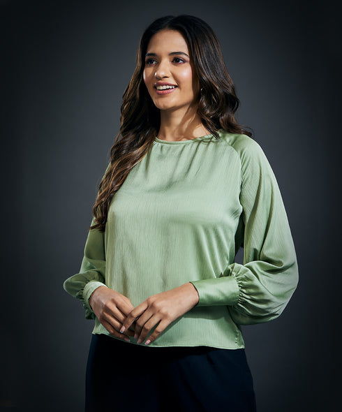 Long Sleeve Round Neck Top-Light Green