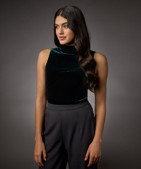 High Neck Sleeveless Velvet Top-Dark Green
