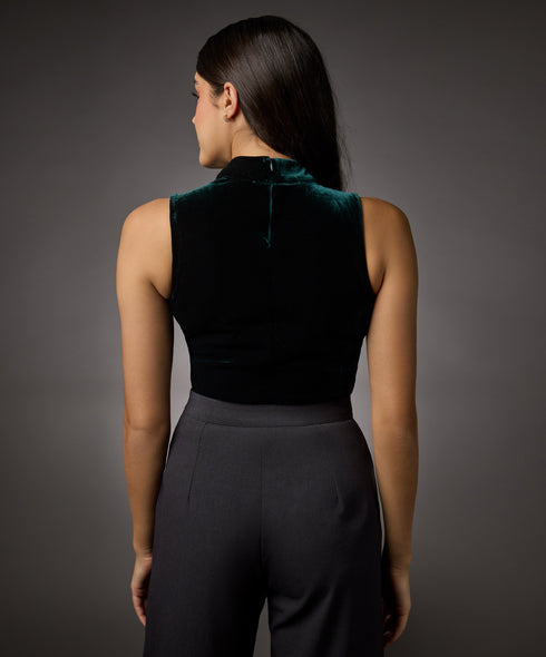 High Neck Sleeveless Velvet Top-Dark Green