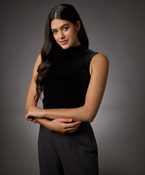 High Neck Sleeveless Velvet Top- Black