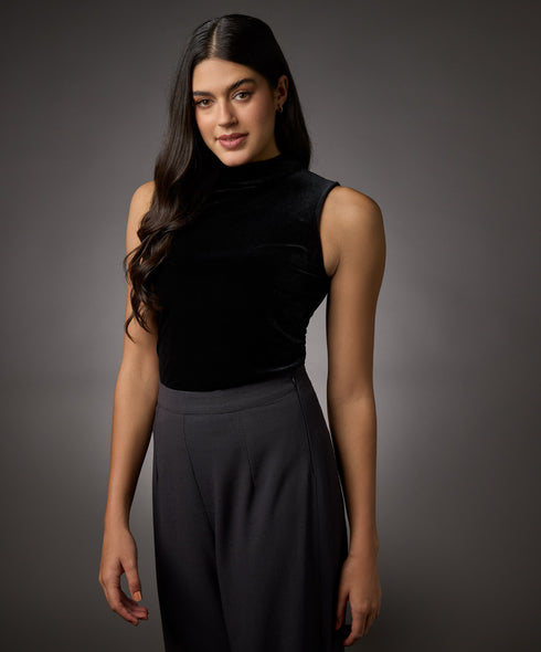 High Neck Sleeveless Velvet Top- Black
