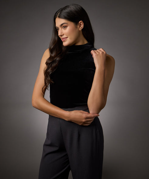 High Neck Sleeveless Velvet Top- Black